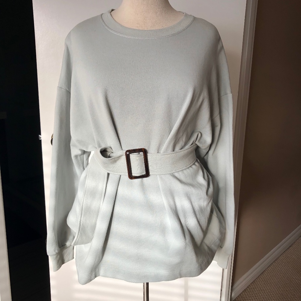 Zara Pale Blue Fleece Top with Attached Belt, Size Small, Never Worn